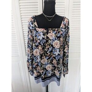 J. Jill Blouse Womens L Blue Multi Floral Square Neck Boho Peasant Relaxed Rayon